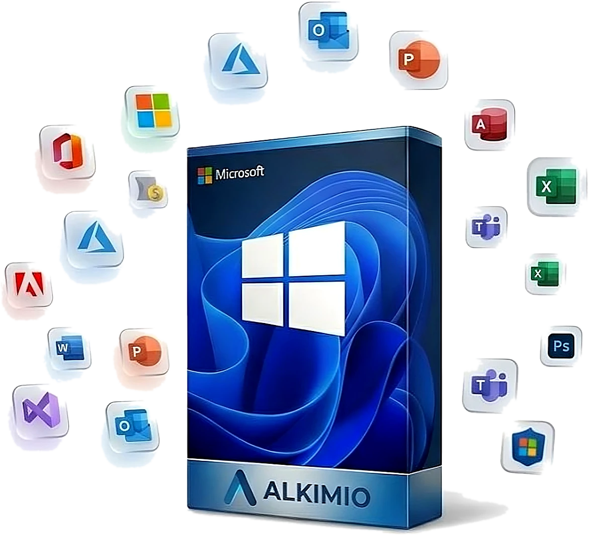 Alkimio license box with business software icons